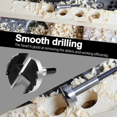 Heavy Duty 1 And 3/4 Inch Forstner Drill Bit Crafted From Tough As Nails 5140 Steel with hex shank drilling smooth holes in wood.