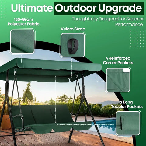 Replacement Canopy For Outdoor Swing 66 Inch By 45 Inch Two Seat Bench Glider Shade Cover Weatherproof UV Protected Green Fabric attached to swing frame near pool