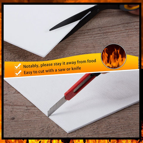 White ceramic fiber kiln paper gasket material, 0.125 in thick, being cut with a utility knife.