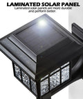 Close-up of a laminated solar panel on a 4 Pack Solar Fence Lights Outdoor Waterproof Lanterns Warm White LED Wall Deck Post Landscape Lighting for Garden Yard Patio Front Door Weatherproof No Fuss Easy Install No Wiring Up To 12 Hour Night Run Time After Full Sun Charge.