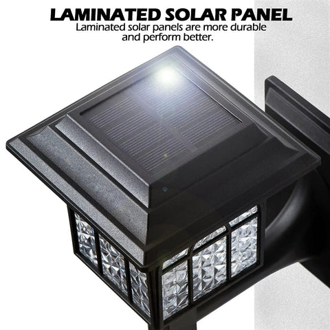 Close-up of a laminated solar panel on a 4 Pack Solar Fence Lights Outdoor Waterproof Lanterns Warm White LED Wall Deck Post Landscape Lighting for Garden Yard Patio Front Door Weatherproof No Fuss Easy Install No Wiring Up To 12 Hour Night Run Time After Full Sun Charge.