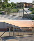 Beefed Up Heavy Duty Wide V Track Ground Track Kit for sliding gates showing galvanized steel track in residential and industrial settings.