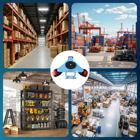 Anteqip 4400Lb Heavy Duty Machine Skates For Moving CNC Mills And Industrial Equipment, in a warehouse with shelves and machinery.