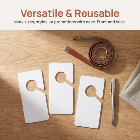 20 Pack Closet Dividers for Hanging Clothes Rectangle Thick Rigid Plastic 6.5x3.5 Inches Clear Garment Rack Dividers for Easy Size Organization and Retail Displays, white plastic dividers on wooden table