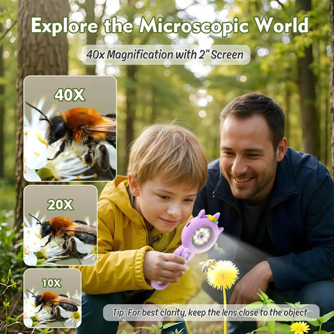 500X Handheld Microscope For Curious Explorers With Dual Camera, Switch Between Microscope And Photo Modes, Capture Clear Photos Or Short Videos For Homework, TF Card Required, Purple Finish For Dope Learning. Child using purple handheld microscope outdoors