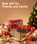 Cozy 600W Realistic Flame Space Heater with packaging on wooden floor with Christmas decor and tree.