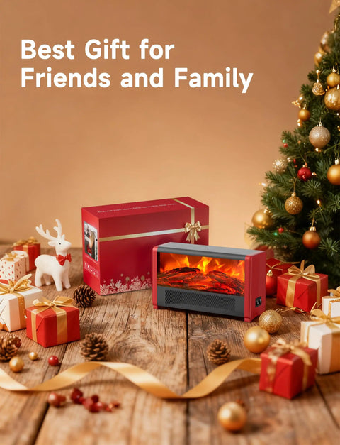 Cozy 600W Realistic Flame Space Heater with packaging on wooden floor with Christmas decor and tree.