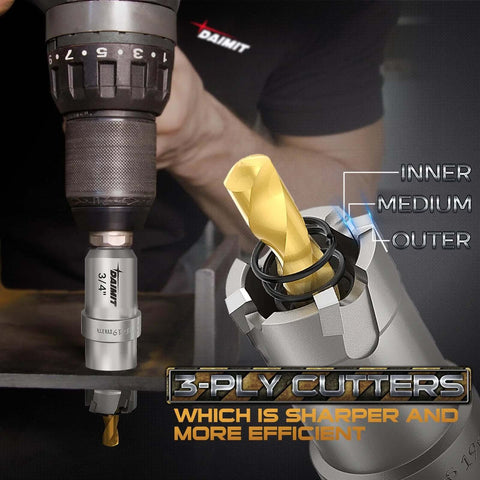 Close-up of DAIMIT 19-piece TCT hole saw kit with 3 detachable pilot bits and 3 L-wrenches; tungsten carbide cutters.