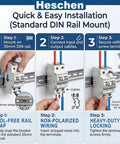 Tough As Nails 32A DC Miniature Circuit Breaker rated up to 600VDC mounted on a 35mm DIN rail with installation steps.