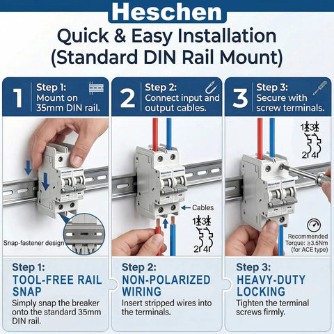 Tough As Nails 32A DC Miniature Circuit Breaker rated up to 600VDC mounted on a 35mm DIN rail with installation steps.