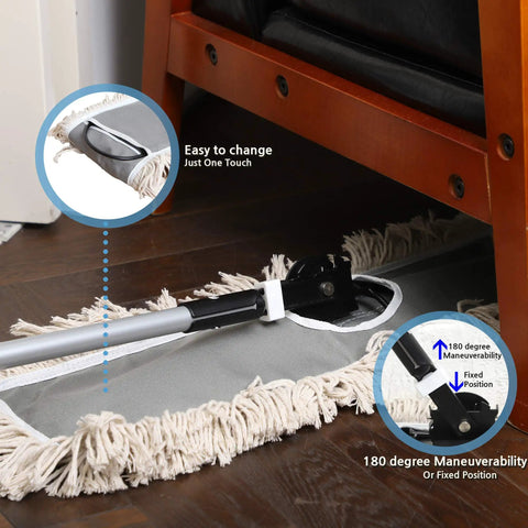 Real Deal Industrial Cotton Dust Mop With Adjustable Steel Handle For Hardwood Tile Laminate Vinyl Epoxy Floors Hella Absorbent features easy attachment and 180-degree maneuverability.