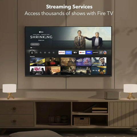 50 Inch Led Smart Fire TV Featuring Sick 4K Ultra HD Picture Quality And Dope HDR10 Contrast Levels With Alexa Voice Remote streaming apps on screen.