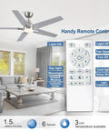 52 Inch Ceiling Fan With Lights And Remote, Brushed Nickel Finish, shown in a living room with remote control features displayed.