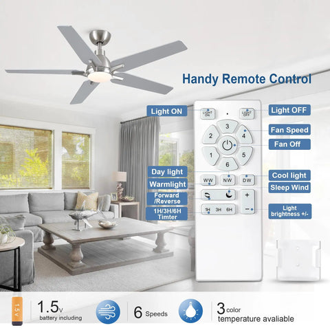 52 Inch Ceiling Fan With Lights And Remote, Brushed Nickel Finish, shown in a living room with remote control features displayed.