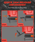 Quick jam release mechanism for Built Tough 18 Gauge Cordless Brad Nailer And 2 In 1 Electric Stapler For Milwaukee 18V Batteries.