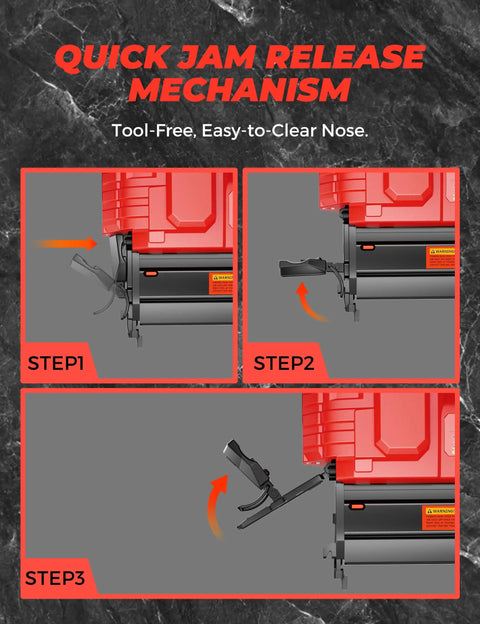 Quick jam release mechanism for Built Tough 18 Gauge Cordless Brad Nailer And 2 In 1 Electric Stapler For Milwaukee 18V Batteries.