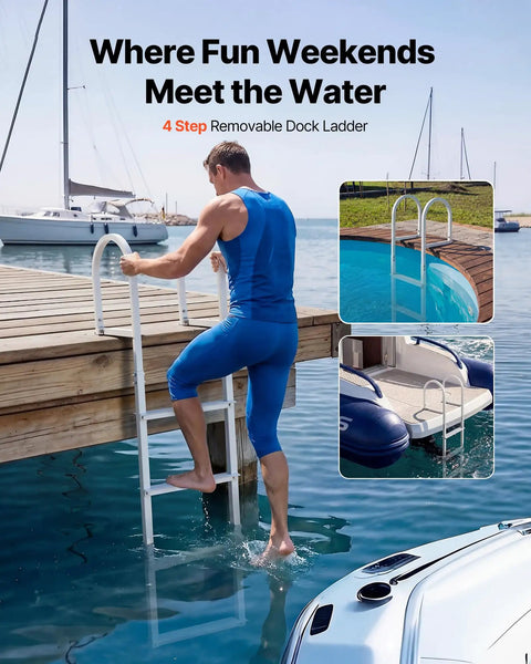 Removable Aluminum Dock Ladder With Four Super Grippy Treads, built tough for easy lake swimming and marina entry.