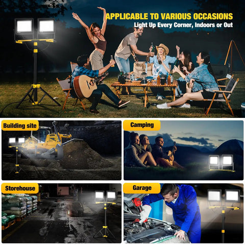 Ultra Bright LED Work Light With Stand Dual Head Adjustable Flood Light Waterproof Tripod 16.5 Ft Cord Great For Outdoor Job Sites Indoor Workshops Garage Projects Construction And Night Shifts demonstrating usage in various settings.