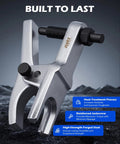 Close-up of Orion Motor Tech 3-piece ball joint separator and pitman arm puller set in silver forged steel