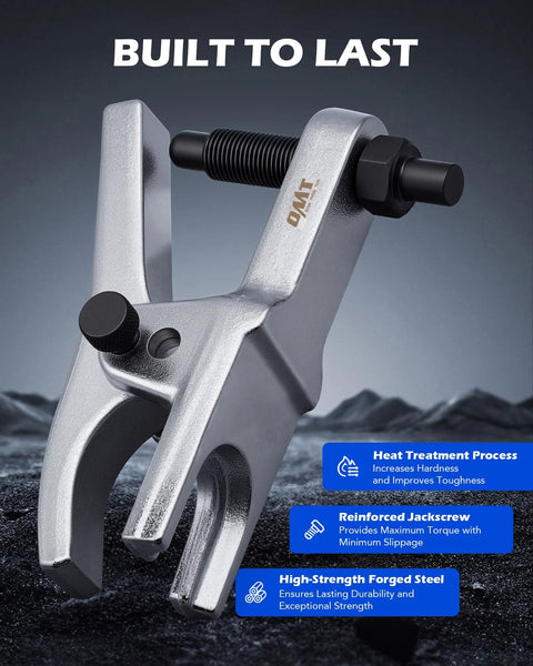 Close-up of Orion Motor Tech 3-piece ball joint separator and pitman arm puller set in silver forged steel