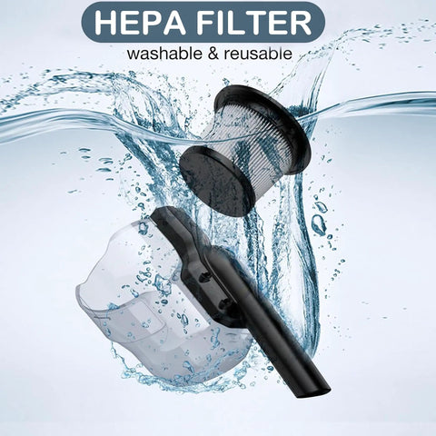 HEPA filter and vacuum components submerged in water, showcasing the Rugged Cordless Vacuum Cleaner With Five In One Setup And Hella Mighty 500 Watt Brushless Motor Pulling Savage 100AW Suction For Tile Floors Plush Carpets Cars And Couches Plus Lightweight Handheld Frame.