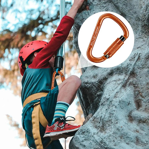 Child climbing rock wall using Locking Carabiner 25kN UIAA Certified Beefy Heavy Duty Carabiner, aluminum 7075 inset
