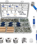 Top Shelf Cam Lock Hardware Kit With 124 Pieces For Cabinet And Drawer Installation Includes steel bolts and plastic expansion nuts.