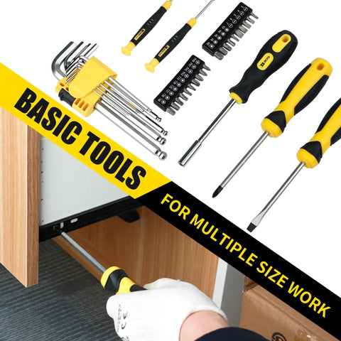 142 Piece Home Tool Kit With 13 Inch Wide Mouth Open Storage Tool Bag, screwdrivers and hex keys in use for furniture assembly