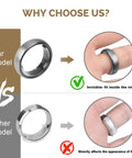 Comparison of Invisible Ring Size Adjusters Pack on a person's hand, fitting discreetly inside wide rings, versus other models.