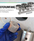 Heavy Duty Concrete Hole Saw Kit with tungsten carbide core bits, SDS-Plus SDS-Max shanks, holding drilled concrete piece.