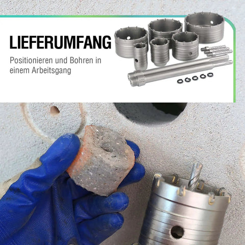 Heavy Duty Concrete Hole Saw Kit with tungsten carbide core bits, SDS-Plus SDS-Max shanks, holding drilled concrete piece.