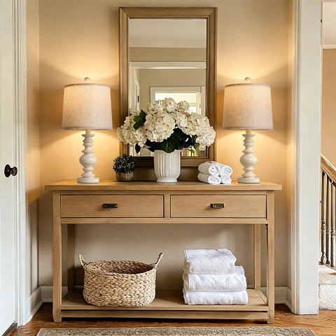 Super Cool Rustic Table Lamp Set Of Two With Vintage Farmhouse Vibes on wooden console with mirror and decor