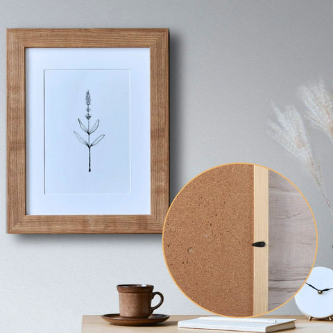 Wooden picture frame with cork backing; front view shows botanical print and inset close-up of turn-button fasteners.
