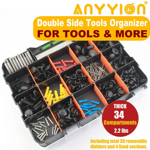 34-Compartment Double-Sided Parts Organizer With Removable Dividers for hardware screws bolts beads visible with clear lid