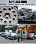 Two Pack Trailer Wheel Hub Dust Caps with Four Rubber Plugs and Grease Covers, heavy duty carbon steel, shown on trailers