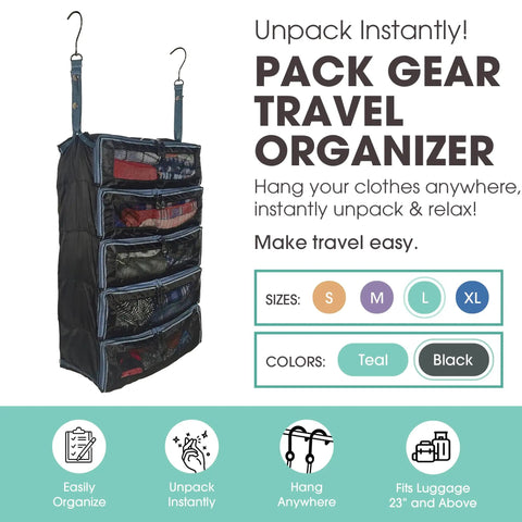Large Hanging Luggage Organizer For Travel Fits Any Suitcase With See Through Mesh Windows Packing Cubes For Quick Access To Clothes Grab And Go Travel Closet Organizer Black