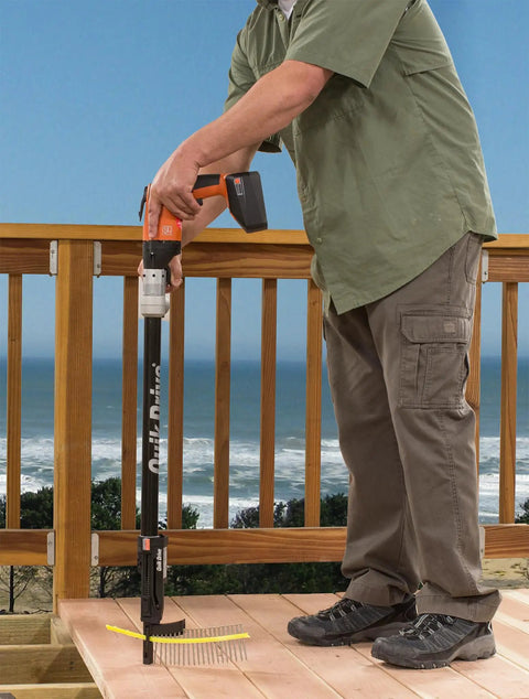 Person using a power tool on a deck with Pro Level Heavy Duty Collated Bugle Head Wood Screws 10 X 3 Inch Square Drive.