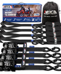 Beefy 5200 Lb Heavy Duty Ratchet Tie Down Straps Kit with padded handles, Chromoly S hooks, and soft loops in storage bag