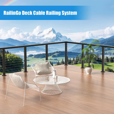 Heavy Duty Black Cable Railing Corner Post For Decks with a scenic mountain view, featuring sleek modern design and surface mount.