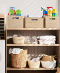 Three Piece Unfinished Wood Crates Organizer Bins For Pantry Closet And Arts Crafts Storage filled with household items on shelf