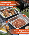 5 In 1 Grill Prep Tray And Carry System for outdoor barbecues shown with two stainless steel trays and cooked meat separation