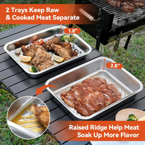 5 In 1 Grill Prep Tray And Carry System for outdoor barbecues shown with two stainless steel trays and cooked meat separation