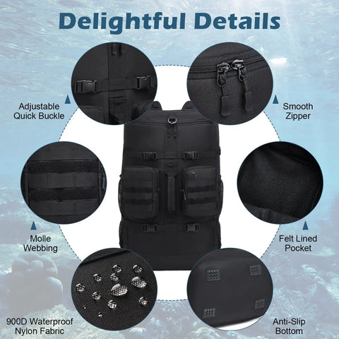 65L Scuba Diving Backpack for Travel With Large U Opening Gear Bag showing adjustable buckles, smooth zippers, and durable fabric