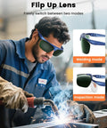 Welder wearing Flip Up Welding Goggles With IR5.0 Green Lens Anti Fog Anti Glare Shock Resistant Eye Protection for welders.