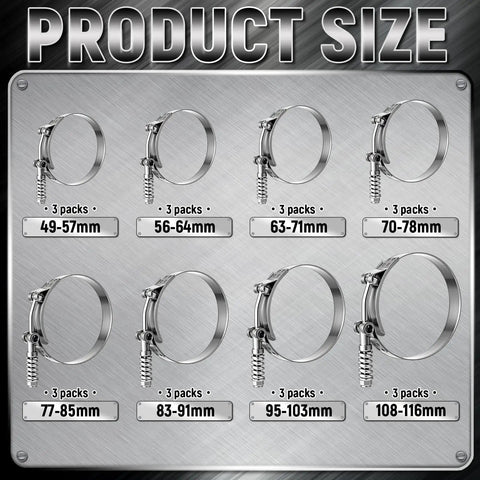 Must Have 24 Pack T Bolt Hose Clamp Set With Reinforcement Spring Stainless Steel Constant Tension Eight Size Range Display