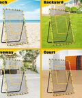 Volleyball Rebounder Net 7x4 ft with five angle adjustments shown in various outdoor settings like beach and backyard.