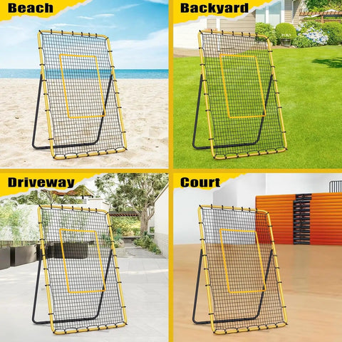 Volleyball Rebounder Net 7x4 ft with five angle adjustments shown in various outdoor settings like beach and backyard.