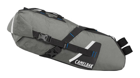 Mule 9 Bikepacking Rolltop Waterproof Saddle Bag For Tents And Gear With IPX5 Rating Easy Access Secure Mounting Reflective Trim Expandable Capacity Built Tough From Recycled Sailcloth in Wolf Grey 2.0, side view.