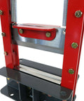 Close-up of Beefy Benchtop Press Brake Deluxe Kit, 20 Ton Heavy Duty Sheet Metal Bender With 4 Way V Die, red frame detail