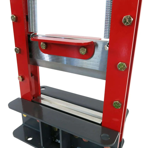 Close-up of Beefy Benchtop Press Brake Deluxe Kit, 20 Ton Heavy Duty Sheet Metal Bender With 4 Way V Die, red frame detail